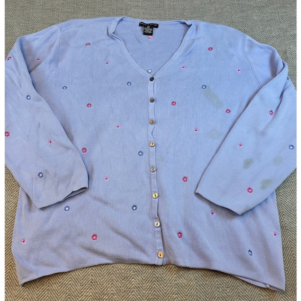 Deane & White Woman Periwinkle Blue Floral Embroidered Cotton Cardigan 1X